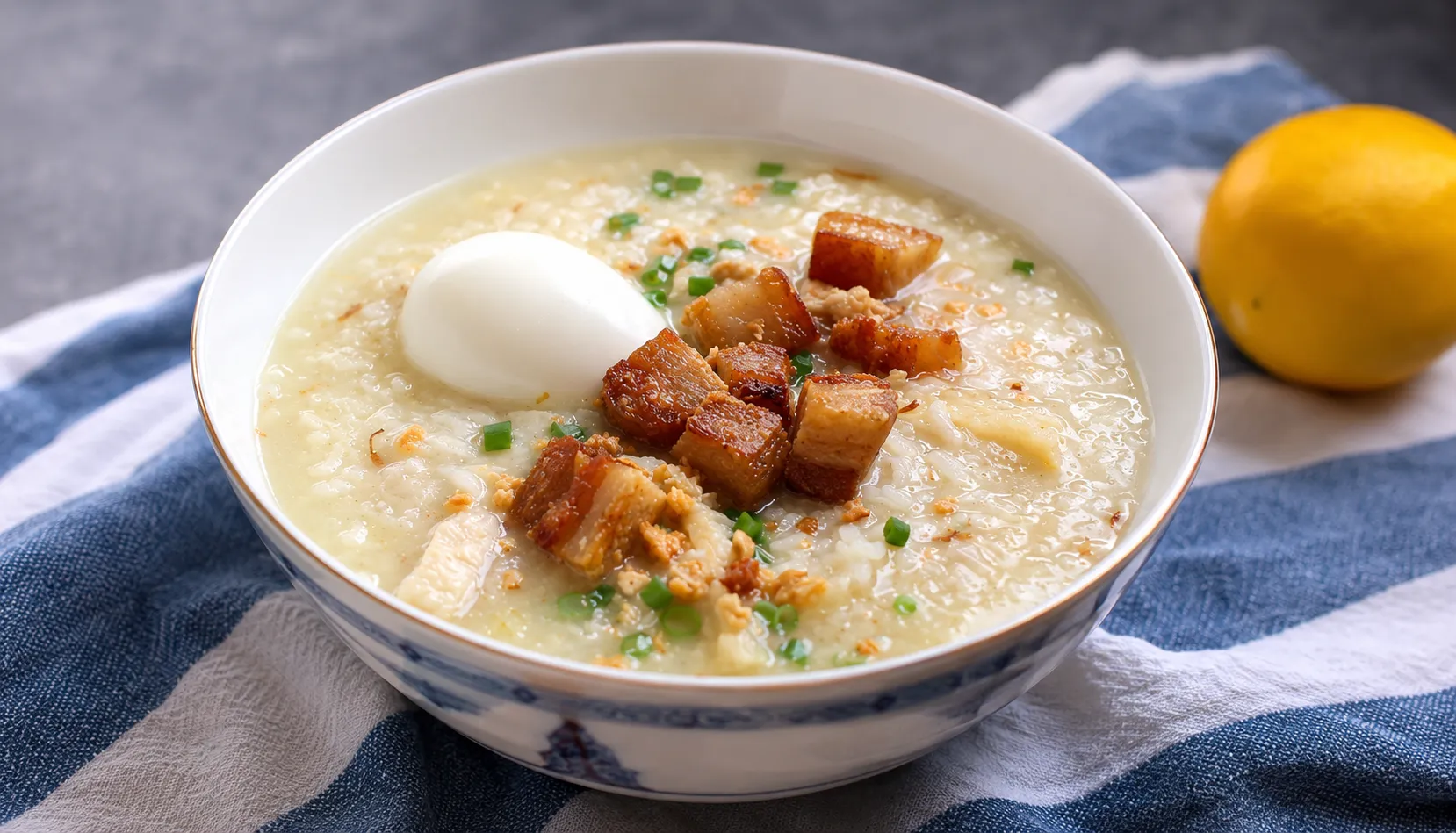 Goto Clasico Filipino rice porridge with egg at Late Night Go-To in Winnipeg